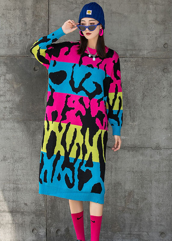 Rose O-neck Loose Knit Fall Straight Maxi Dress Long Sleeve