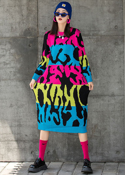 Rose O-neck Loose Knit Fall Straight Maxi Dress Long Sleeve