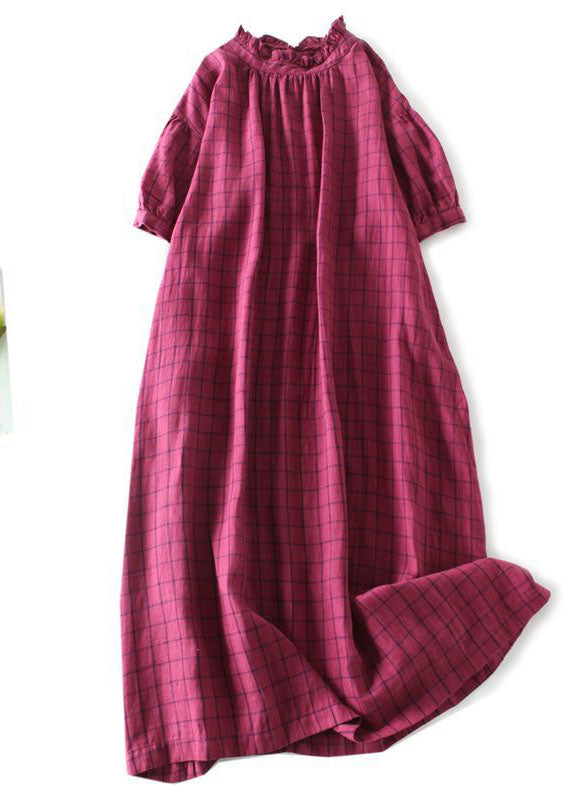 Rose Plaid Ruffled Pockets Patchwork Linen Dresses Summer