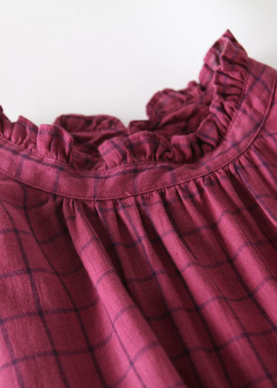 Rose Plaid Ruffled Pockets Patchwork Linen Dresses Summer