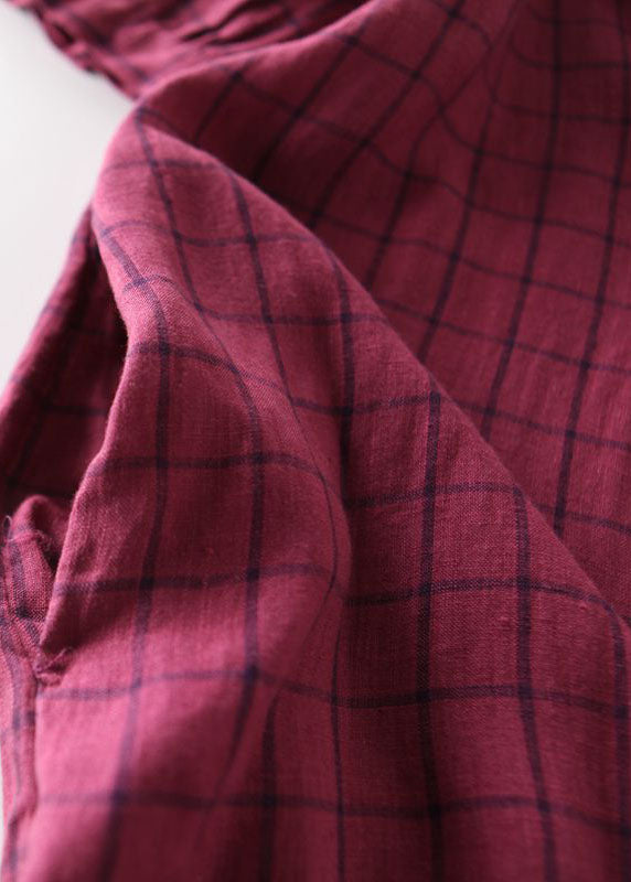 Rose Plaid Ruffled Pockets Patchwork Linen Dresses Summer