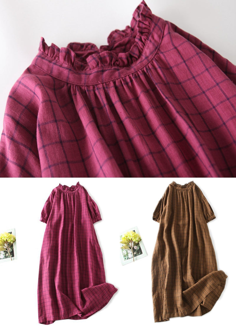 Rose Plaid Ruffled Pockets Patchwork Linen Dresses Summer