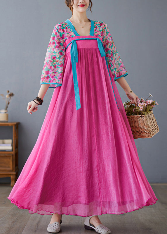 Rose Print Lace Up Patchwork Chiffon Exra Large Hem Dress Summer
