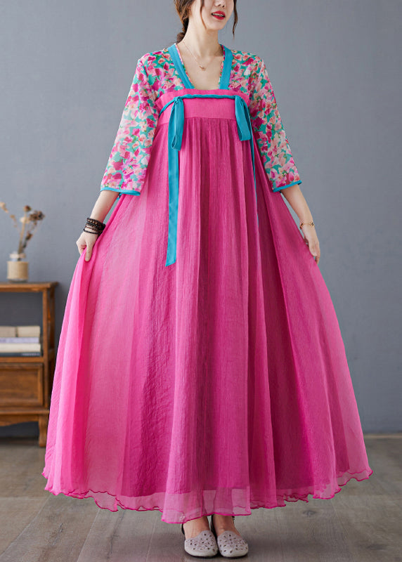 Rose Print Lace Up Patchwork Chiffon Exra Large Hem Dress Summer