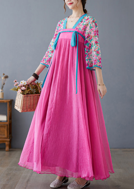 Rose Print Lace Up Patchwork Chiffon Exra Large Hem Dress Summer