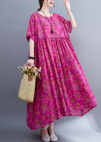 Rose Print Patchwork Long Dresses Short Sleeve