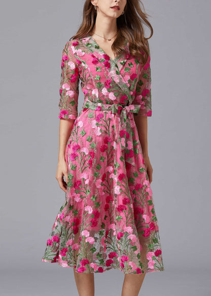 Rose V Neck Embroidered Tie Waist Tulle Mid Dresses Summer