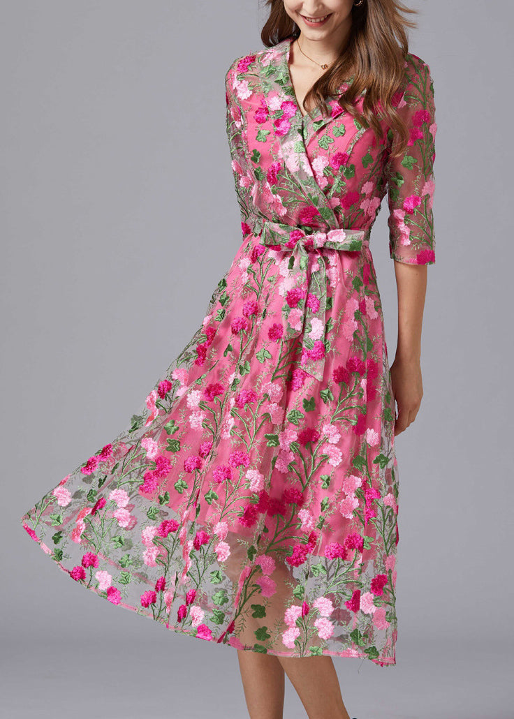 Rose V Neck Embroidered Tie Waist Tulle Mid Dresses Summer
