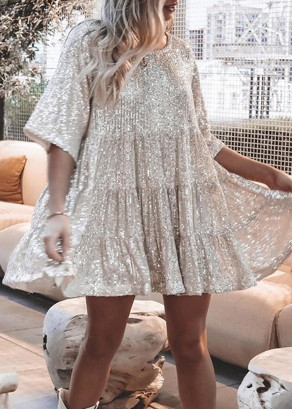 Silver O Neck Sequins Cotton Mid Dress Summer