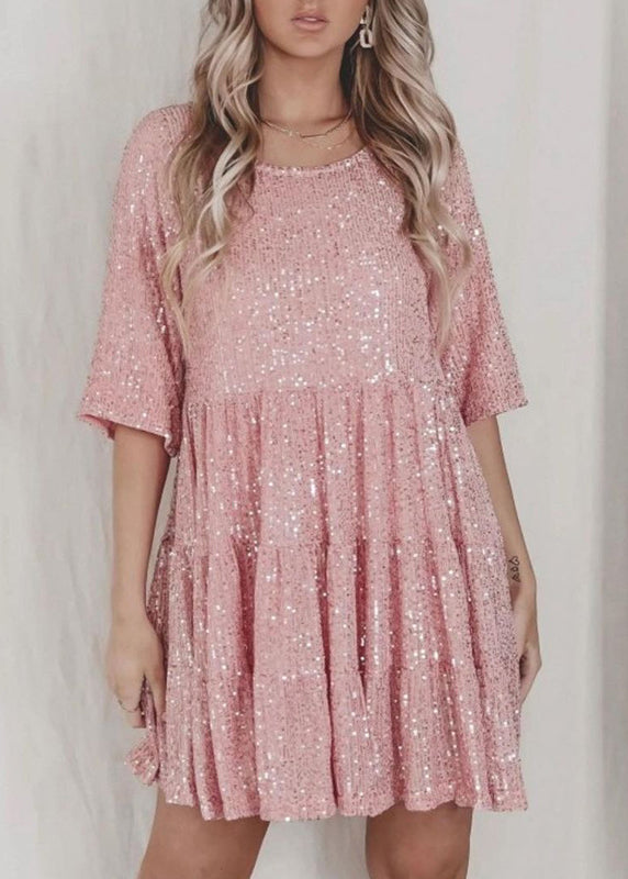 Silver O Neck Sequins Cotton Mid Dress Summer