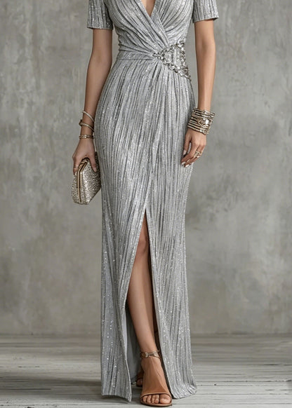 Silver V Neck Zircon Slim Fit Long Dresses Summer