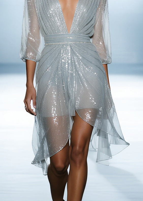 Sky Blue Sequins Tulle Dinner Dress Summer