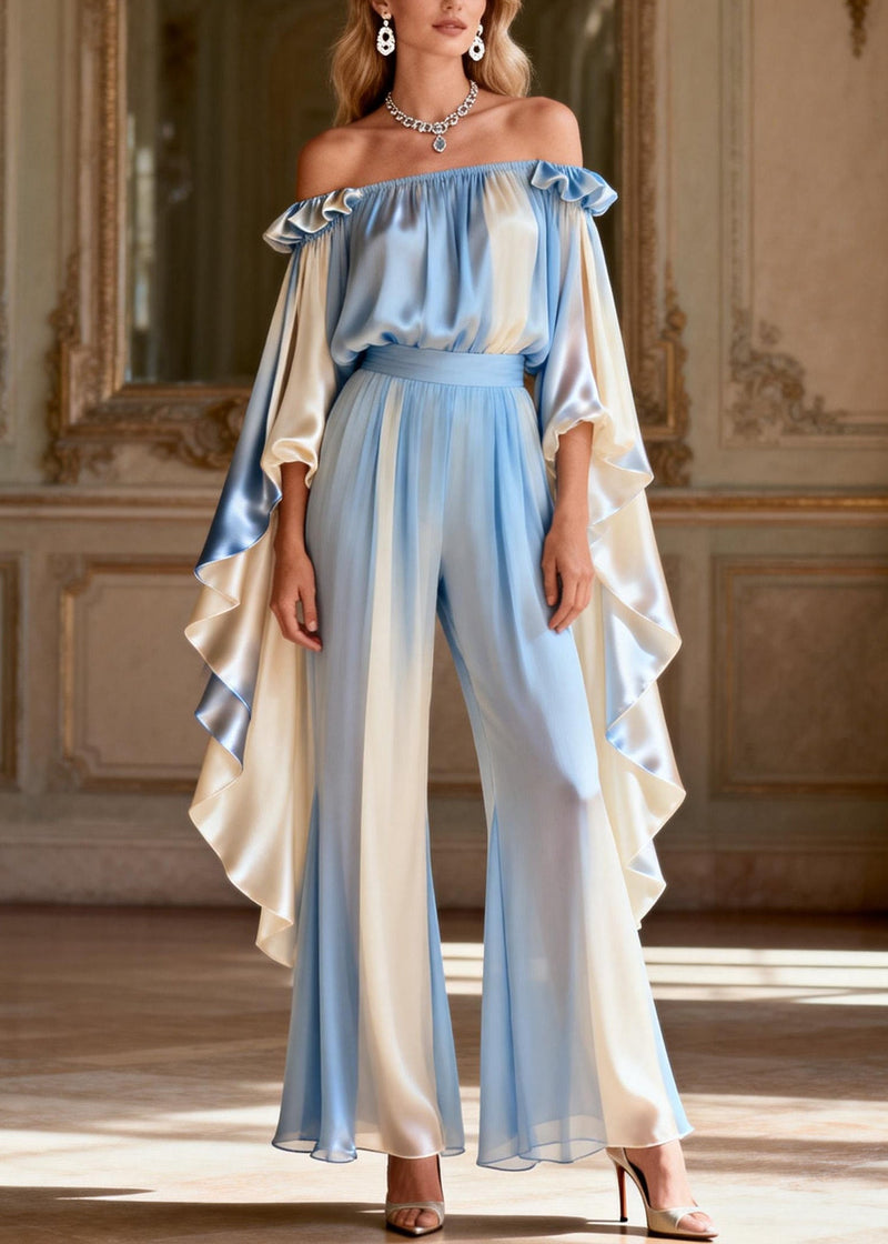 Slash Neck Asymmetrical Patchwork Silk Two-piece Set Spring