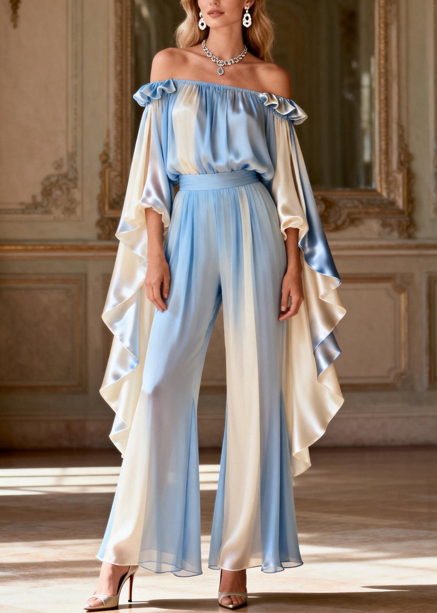 Slash Neck Asymmetrical Patchwork Silk Two-piece Set Spring