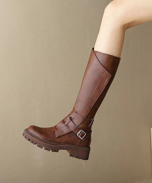 Splicing Chunky Heel Boots Brown Faux Leather Fuzzy Wool Lined