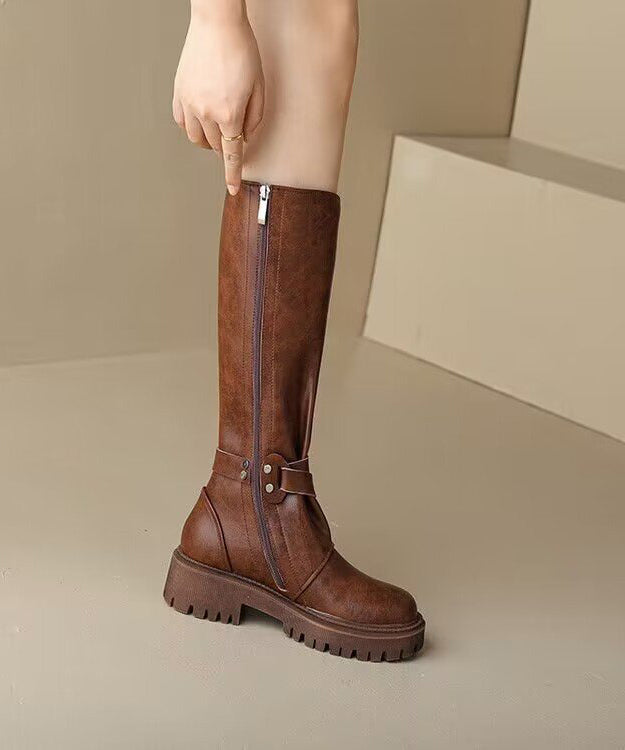 Splicing Chunky Heel Boots Brown Faux Leather Fuzzy Wool Lined