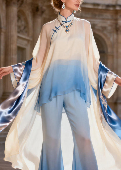 Stand Collar Asymmetrical Patchwork Silk 2 Piece Outfit Spring
