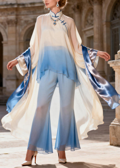 Stand Collar Asymmetrical Patchwork Silk 2 Piece Outfit Spring