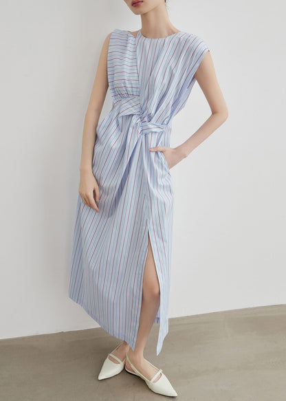 Striped Hollow Out Side Open Cotton Long Dress Sleeveless