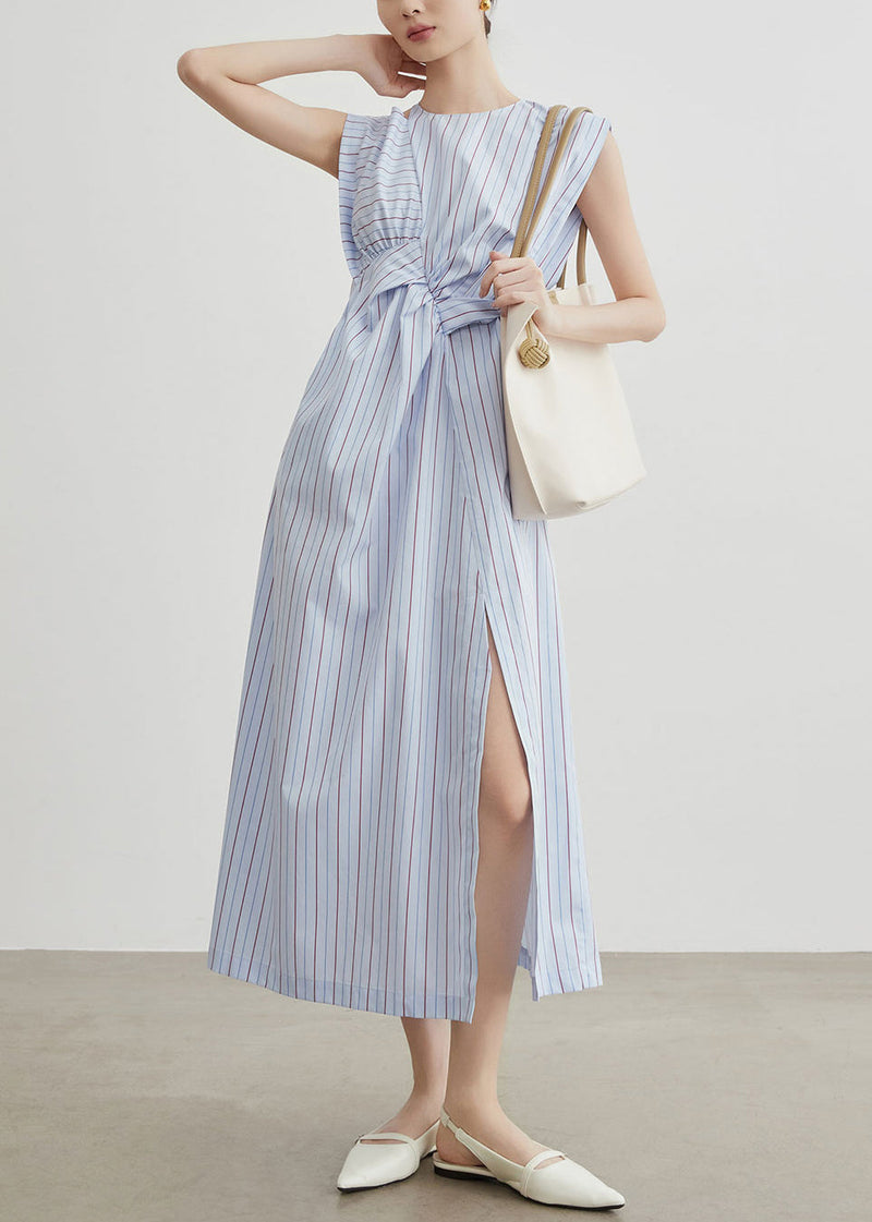 Striped Hollow Out Side Open Cotton Long Dress Sleeveless