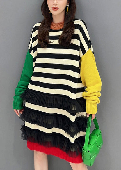 Striped O Neck Tulle Patchwork Cotton Knit Mid Dress Fall