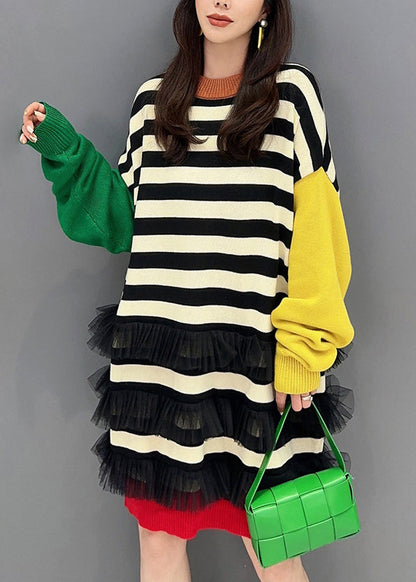 Striped O Neck Tulle Patchwork Cotton Knit Mid Dress Fall