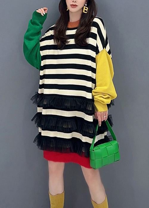 Striped O Neck Tulle Patchwork Cotton Knit Mid Dress Fall