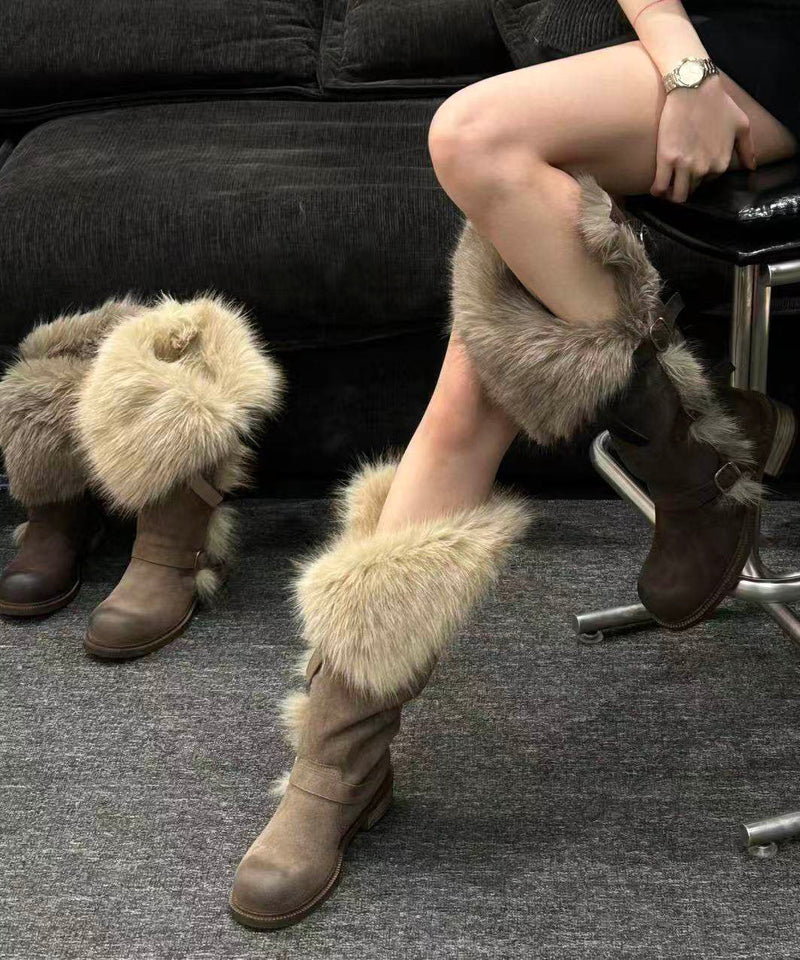 Suede Grey Suede Splicing Boots Fuzzy Wool Lined