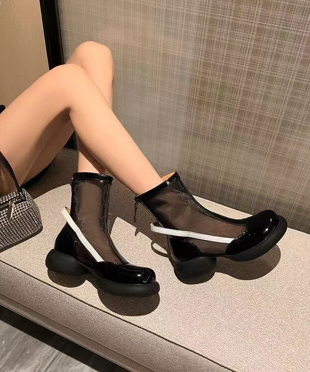 Tulle Patchwork Platform Boots Beige Cowhide Leather