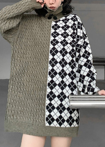 Turtleneck Patchwork Button Thick Knit Sweater Winter