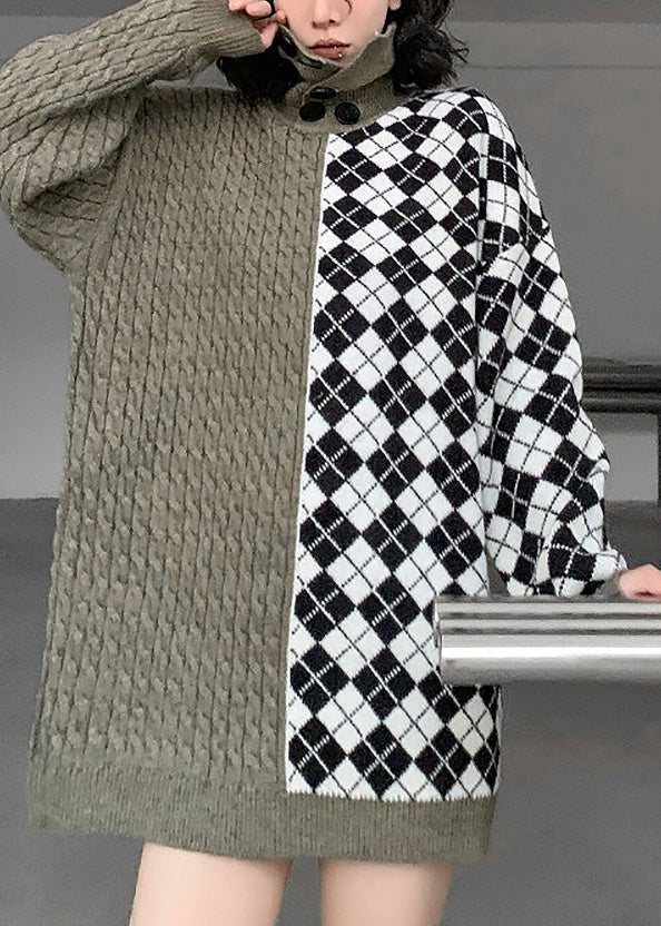 Turtleneck Patchwork Button Thick Knit Sweater Winter