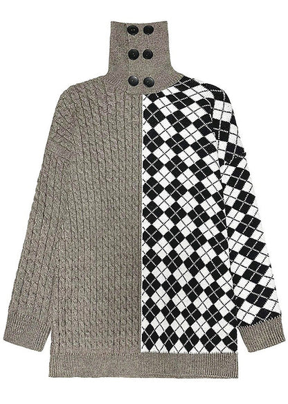 Turtleneck Patchwork Button Thick Knit Sweater Winter