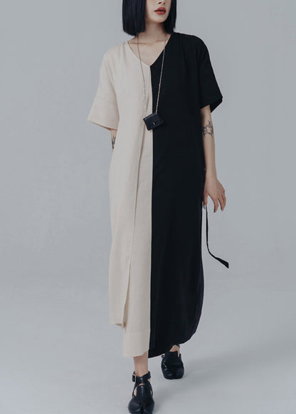 V Neck Asymmetrical Patchwork Tie Waist Long Dresses Summer