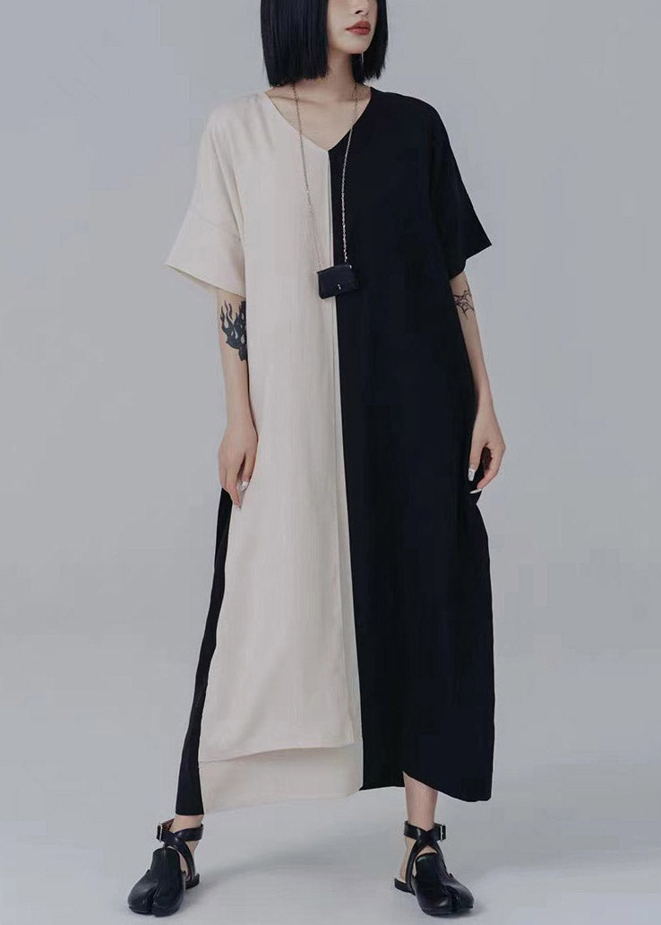 V Neck Asymmetrical Patchwork Tie Waist Long Dresses Summer