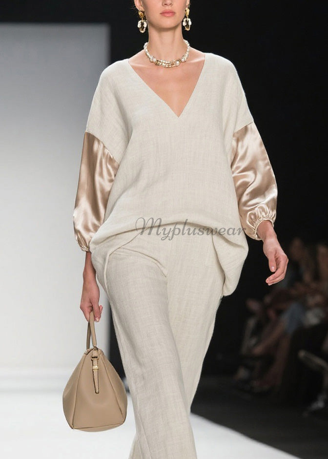 V Neck Patchwork Linen Silk Two Pieces Set Spring