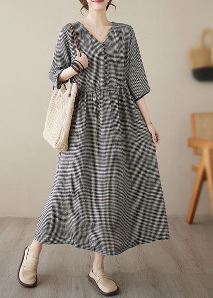 Dark Blue V Neck Plaid Patchwork Button Linen Maxi Dresses Summer