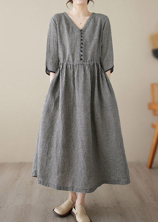 Wine Red V Neck Plaid Patchwork Button Linen Maxi Dresses Summer