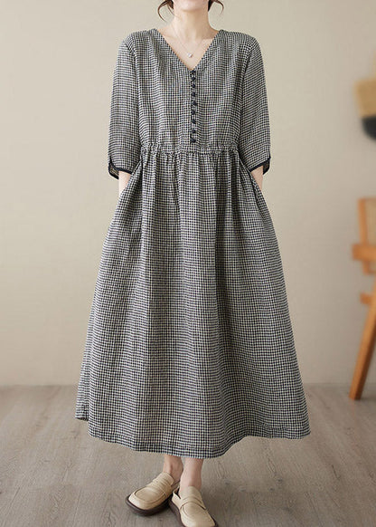 Green V Neck Plaid Patchwork Button Linen Maxi Dresses Summer