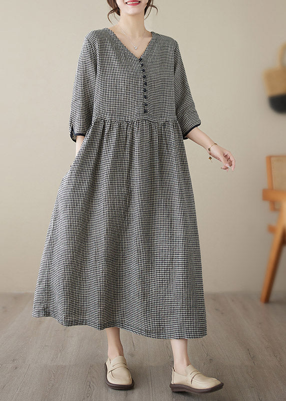 Wine Red V Neck Plaid Patchwork Button Linen Maxi Dresses Summer