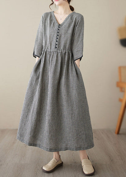 Dark Blue V Neck Plaid Patchwork Button Linen Maxi Dresses Summer