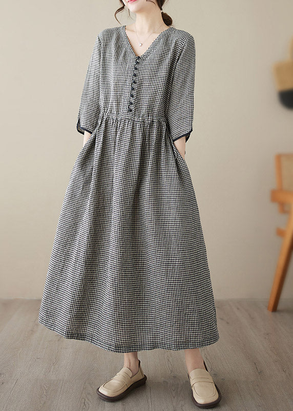 Green V Neck Plaid Patchwork Button Linen Maxi Dresses Summer
