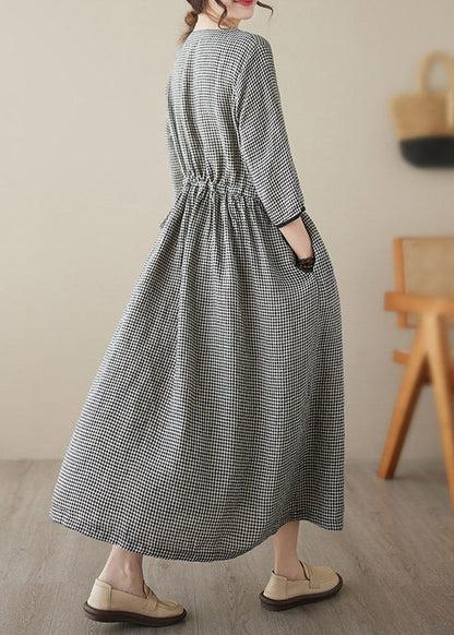 V Neck Plaid Patchwork Button Linen Maxi Dresses Summer