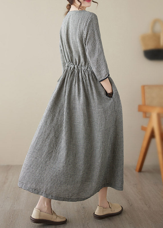 V Neck Plaid Patchwork Button Linen Maxi Dresses Summer