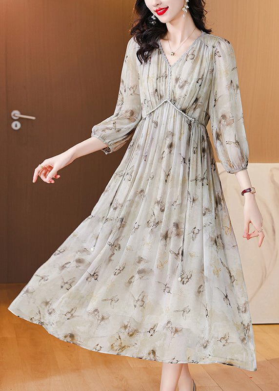 V Neck Print Lace Up Chiffon Long Dress Lantern Sleeve