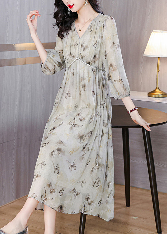 V Neck Print Lace Up Chiffon Long Dress Lantern Sleeve