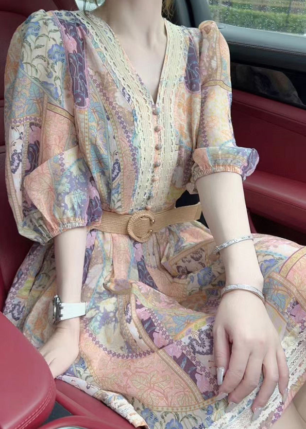 V Neck Print Sashes Mid Dress Half Sleeve
