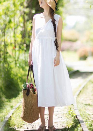 V Neck Sleeveless Summer Clothes Design White Traveling Dress