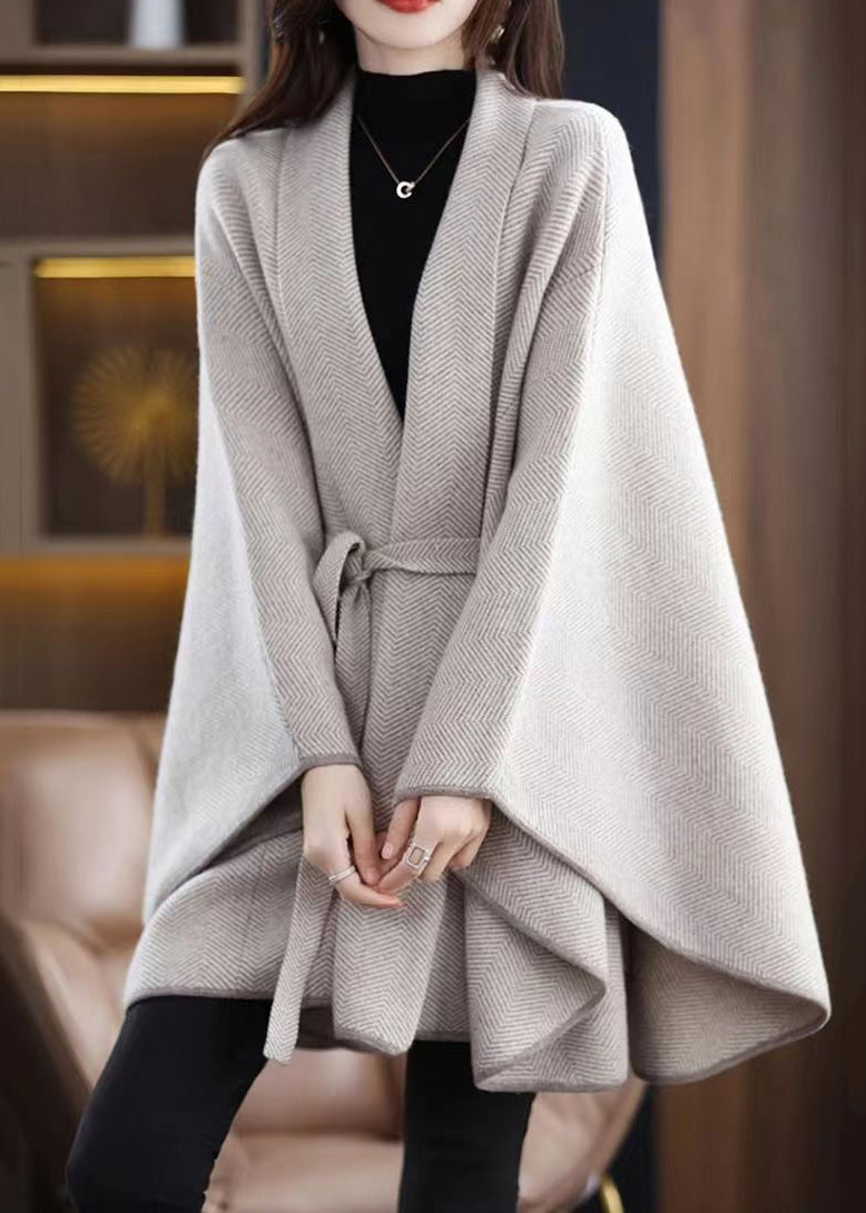 V Neck Tie Waist Patchwork Knit Loose Cardigans Cloak Sleeves