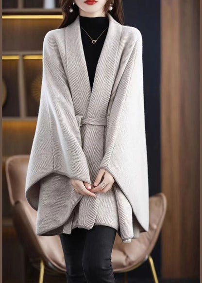 V Neck Tie Waist Patchwork Knit Loose Cardigans Cloak Sleeves