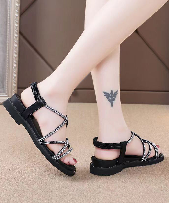 Versatile Black Hollow Out Peep Toe Zircon Walking Sandals